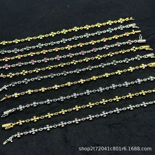 CH Ke Fan Fang Vintage Cross Flower Bracelet Mixed Colors Inlaid Hip-Hop Men and Women Couple Distressed Cross Bracelet